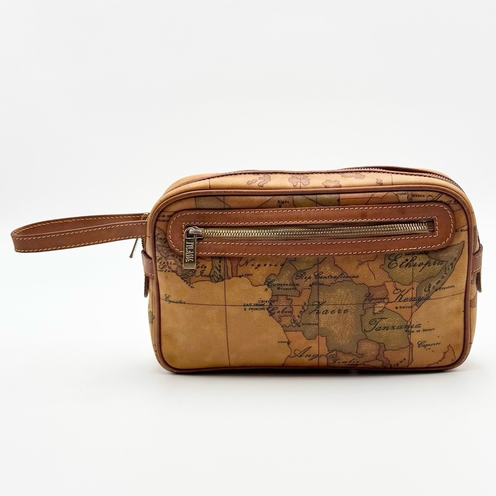ALVIERO MARTINI Tan & Brown Map Print Clutch Wristlet w Cert of Authenticity